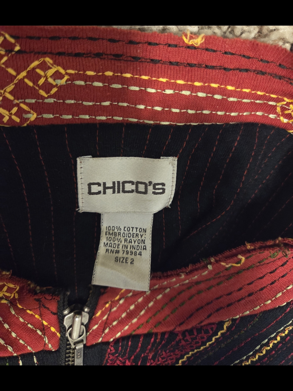 Chico's Red Patchwork Zipper Front Jacket with Gold Accents - Picture 6 of 6